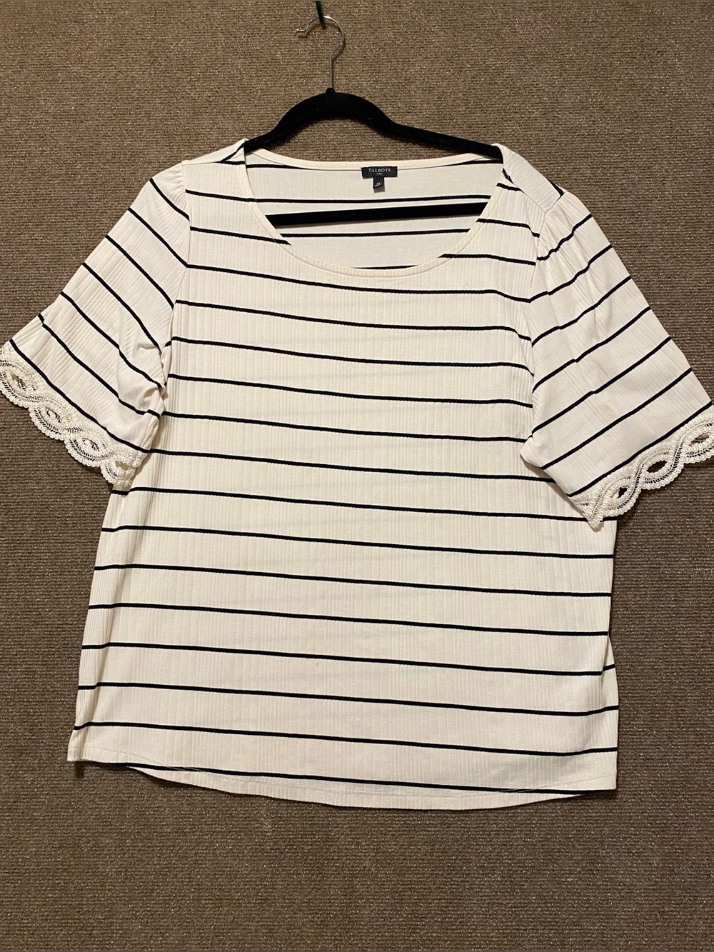 Talbots Plus White and Black Striped Short-Sleeve Top with Lace Trim Size 2X
